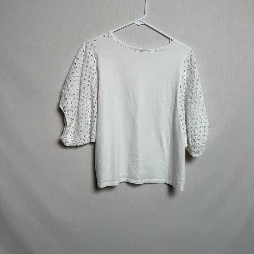 Zara White Eyelet Puff Sleeve Top Size L Cotton